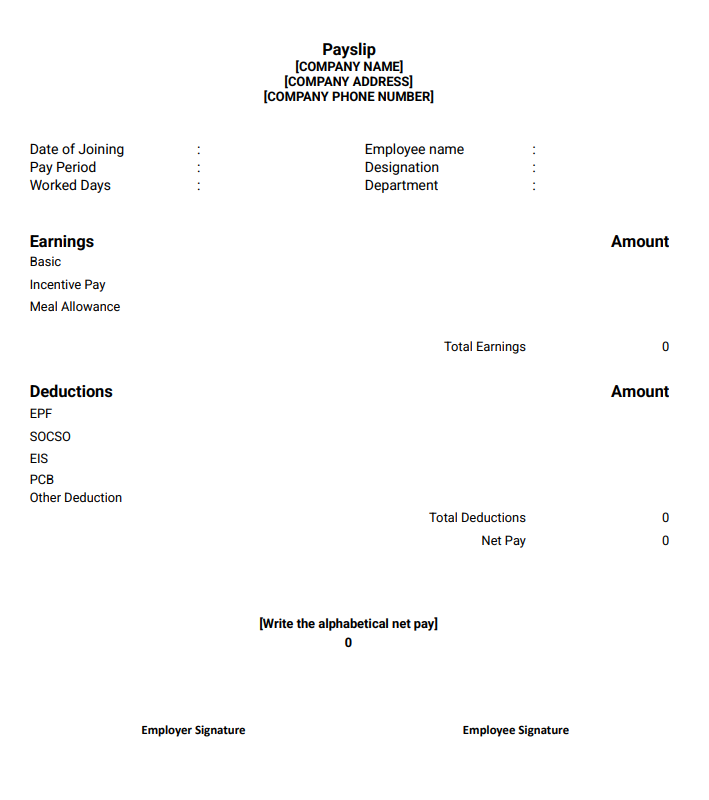 Payslip template 3 with signature